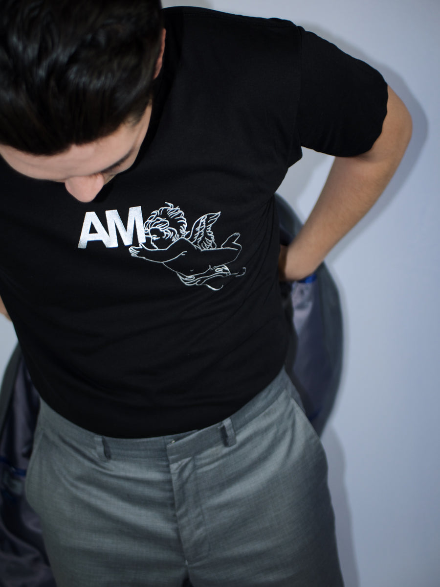 AM Metallic Silver Angel Logo T-Shirt in Black