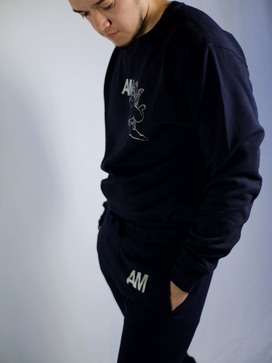 AM Angel Logo Navy Crewneck