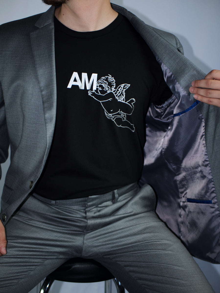 AM Metallic Silver Angel Logo T-Shirt in Black