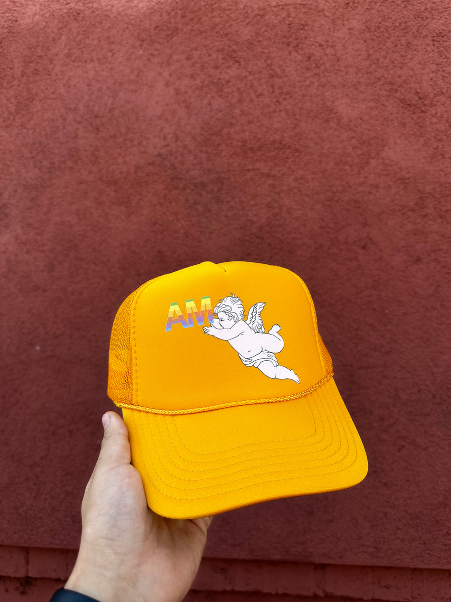 Gold Retro AM Angel Emblem Trucker Hat